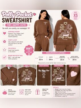NWT Polly Pocket Tiny Happy Cute! Sweatshirt – Size XS – Brown Graphic Crewneck
